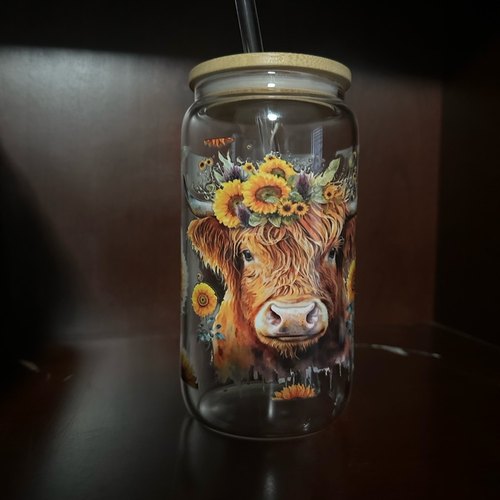 NWT glass can sunflower cow